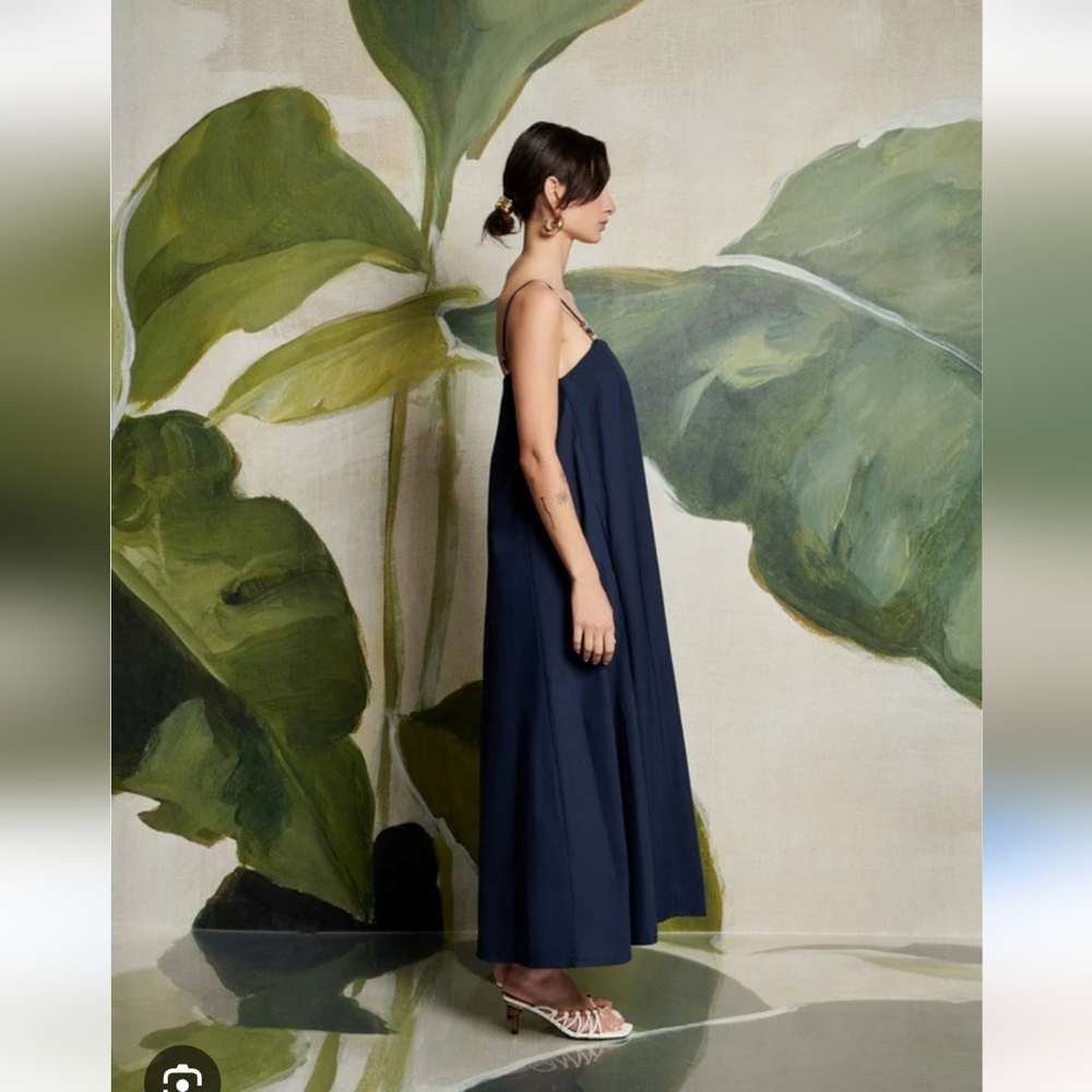NWT Ghospell Ula beaded strap cotton maxi Navy Dress SMALL - Picture 2 of 6